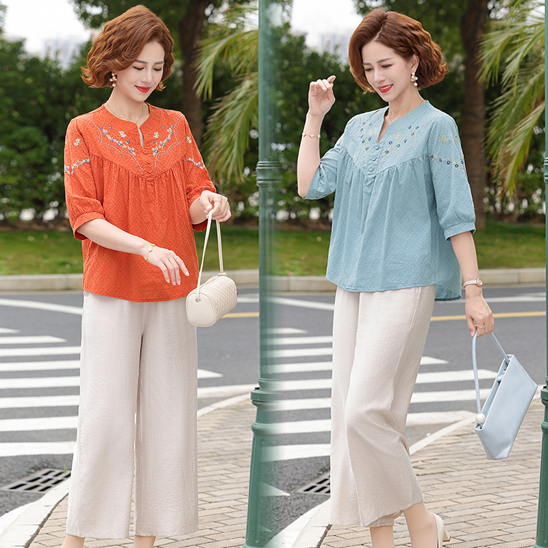 Embroidery On Shirt - Cotton Embroidered Women's Set T-shirt+Pants Summer