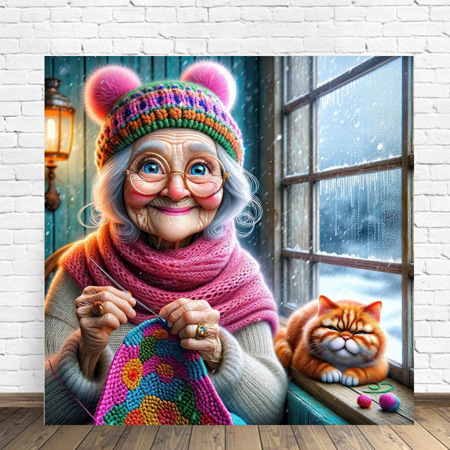 Funny Grandma And Cat Pet Anim - огляд і ціна Embroidery Wall Art